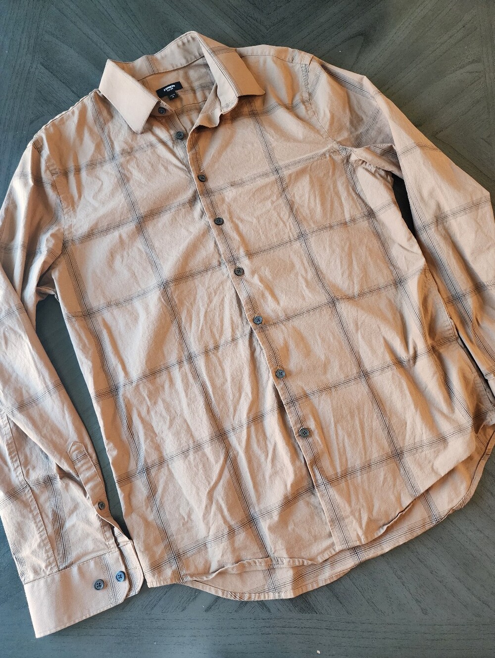 Express Slim Men's Long-Sleeve Button-down Shirt  - Tan Windowpane Size M
